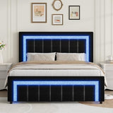HOMBCK Full Size Bed Frame with LED Lights and Velvet Upholstered Headboard, Bed Frame Full with Modern Diamond Headboard Adjustable, Wooden Slats Support, Noise Free, No Box Spring Needed, Black HOMBCK