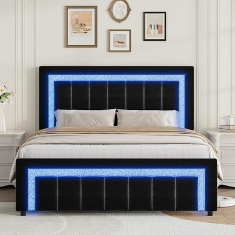 HOMBCK Full Size Bed Frame with LED Lights and Velvet Upholstered Headboard, Bed Frame Full with Modern Diamond Headboard Adjustable, Wooden Slats Support, Noise Free, No Box Spring Needed, Black HOMBCK