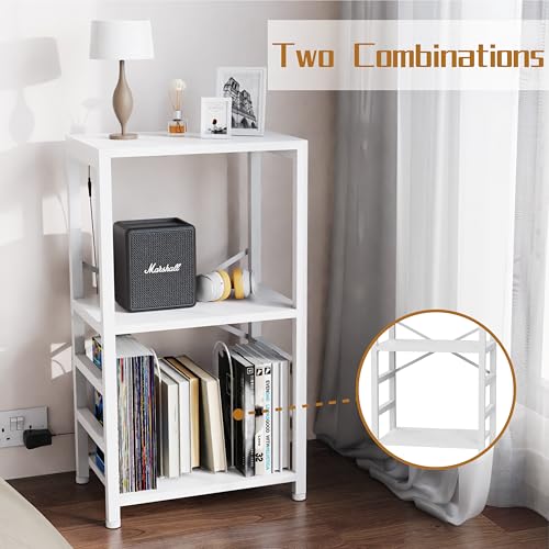 YAKANJ End Table with LED Light,Record Player Stand with Albums Storage,Vinyl Records Storage,Turntable Stand Side Table for Music Room Studio Living Room Bedroom-Rustic White YAKANJ