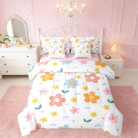 Erosebridal 7 Piece Cute Flower Comforter Sets with Sheets, Pink Floral Bedding Set Twin for Boys Sweet Girls Botanical Bed in A Bag Colorful Flowers Bed Set Erosebridal