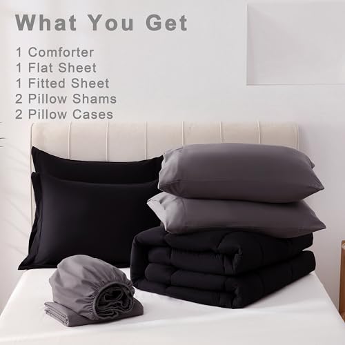 DOWNCOOL Full Size Comforter Sets, 7Pcs Full Size Bedding Sets Black/Grey, All Season Down Alternative Bedding Comforter Sets with Comforter, Flat Sheet, Fitted Sheet, 2 Pillow Shams & 2 Pillowcases DOWNCOOL