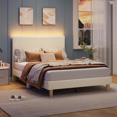 Bestier Full Bed Frame with Adjustable Headboard, LED Lighting, Vertical Channel Tufted Corduroy Upholstered, Solid Wooden Slats Support, No Box Spring Needed, Never Squeaks, Easy Assembly, Beige Bestier
