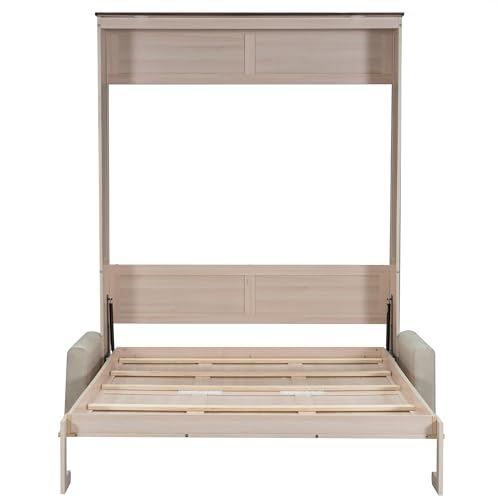 MERITLINE Queen Murphy Bed with Couch and 2 LED Lightings, Solid Wood Hideaway Murphy Wall Bed with Sofa, Farmhouse Foldable Wall Bedframe Storage Beds Cabinet, Space-Saving, Beige MERITLINE