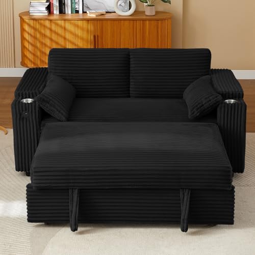 Convertible Corduroy Sofa Bed with USB Charging Port & Cup Holders, 68.11" Foldable Sleeper Chair with Armrests & Pillows, 3-in-1 Floor Futon for Living Room, Bedroom, Guest Room，Easy Assembly hansones