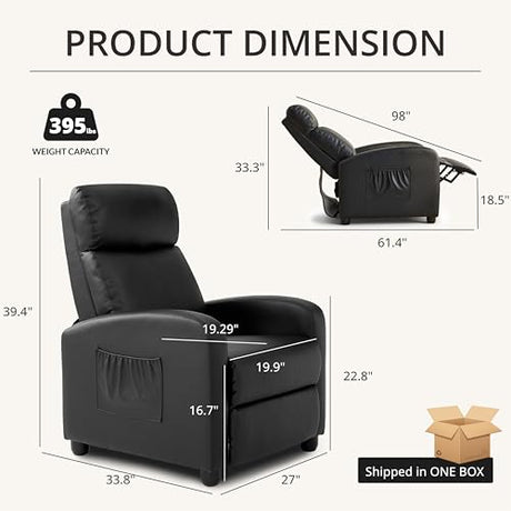 zzlay Leather Recliner Chair for Living Room, Modern Adjustable Home Theater Seating Single Sofa with Adjustable Backrest & Padded Armrests, Manual Push Back Armchair for Small Spaces,Black zzlay