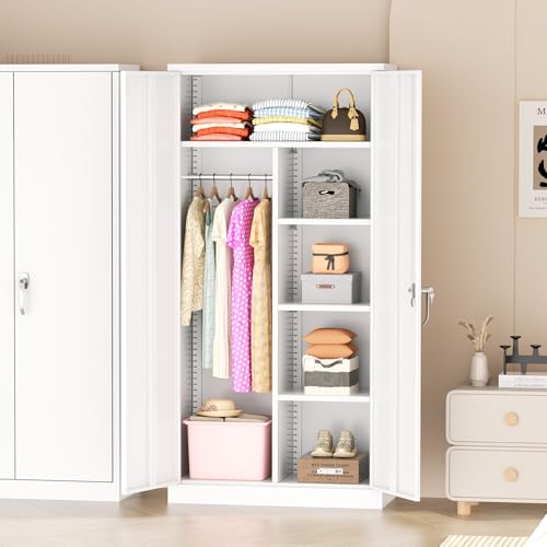 Greenvelly Metal Wardrobe Cabinet with Locking Doors, 72" H x 36" W White Metal Wardrobe Closet Cabinet with Hanging Rods and Adjustable Shelves, Steel Storage Closet for Home, Office, Employee, Gym Greenvelly