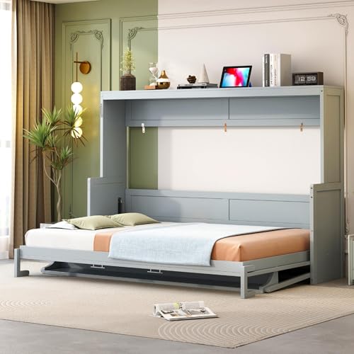 Bekeknlny Queen Size Murphy Bed with Hydraulic Lift & Desk Design, Wood Wall Bed Muti-Functional Designed for Guest Room Home Office (Gray/H, Queen) Bekeknlny