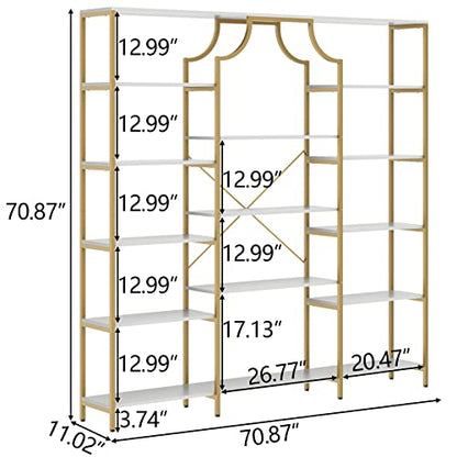 Loomie Gold & White Triple Wide Bookshelf with 13 Open Shelves - Modern Etagere Bookcase for Any Room - WoodArtSupply