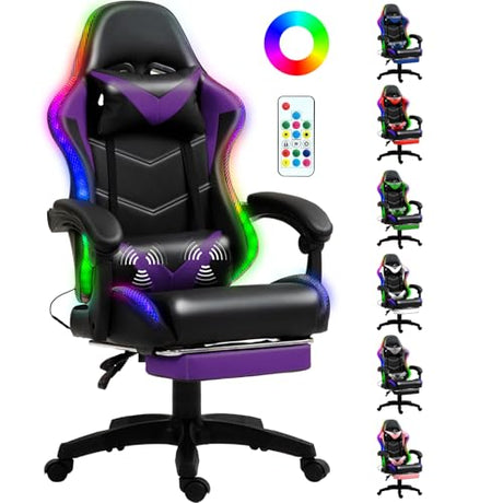 Czlolo RGB LED Lights Gaming Chair with Footrest for Adults and Kids, Lumbar Support Massager Video Game Chair, High Back Reclining Gamer Chair with Headrest, Swivel Office Computer Desk Chair(Purple) Czlolo