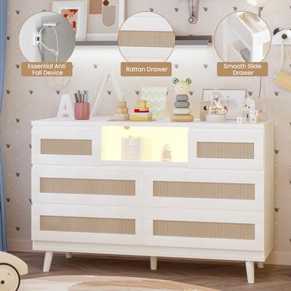 GarveeHome Natural Rattan Dresser for Bedroom with LED Light and Charging Station, 6 Drawer Double Dressers, Modern Wooden Dresser Chest, Beside Table for Closet, Nursery, Living Room, White - WoodArtSupply