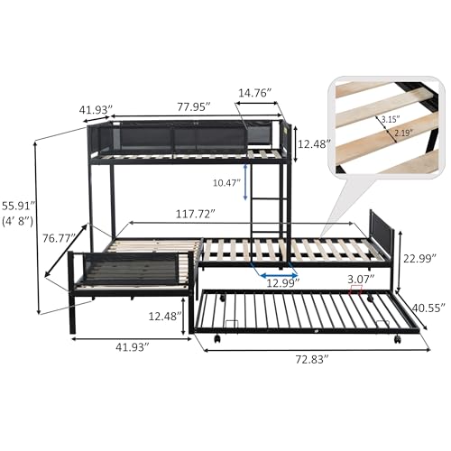 PVWIIK L-Shape Metal Triple Bunk Bed with Trundle 4 Kids,Teens,Adults Bedroom,Metal Bunk Bed with Guardrail & Ladder, No Box Spring Needed,Black PVWIIK