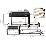 PVWIIK L-Shape Metal Triple Bunk Bed with Trundle 4 Kids,Teens,Adults Bedroom,Metal Bunk Bed with Guardrail & Ladder, No Box Spring Needed,Black PVWIIK