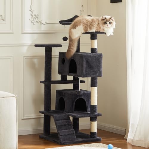 Sweetcrispy 54-Inch Cat Tree Tower – Multi-Level with Sisal Scratching Post, Perfect Pet Gift, Indoor Condo with Climbing Ladder, Plush Toy, and More Animal Stuff, Grey Sweetcrispy
