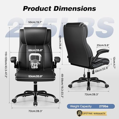 BESTFAIR Ergonomic Office Chair - Desk Computer Chair, Leather High Back Executive Chairs with Adjustable Lumbar Support & Flip Up Arms, Rocking, Black BESTFAIR