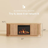 BELLEZE 67" Fluted TV Stand with Electric Fireplace Heater w/Sound, Curved Entertainment Center with Sliding Tambour Doors, Media Console Table for TV up to 75" for Living Room (Camel) BELLEZE