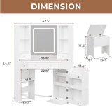 HAUOMS Vanity Desk with Mirror Lights, Storage Bench & Power Outlet, Corner Vanities with Rotating Cabinet & Drawers, 42.5" L Shaped Vanity Set, 3 Light Settings, for Women Girls, Modern White HAUOMS