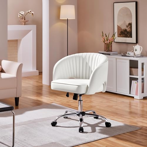 Yaheetech Home Office Chair, Faux Leather Desk Chair, Modern Swivel Chair with Tufted Barrel Back, Rolling Wheels for Office,Study, Vanity, Bedroom White Yaheetech