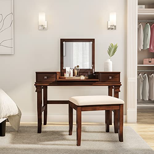 Linon Angela Walnut Vanity Set,30" x 36" x 18" - WoodArtSupply