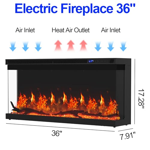 Home4me 36 inch Electric Fireplace, Modern 3-Sided View Electric Fireplace Inserts, 750/1500W Recessed and Wall Mount Fireplaces with Realistic Adjustable Flame, Remote Control, Timer, Low Noise Home4me