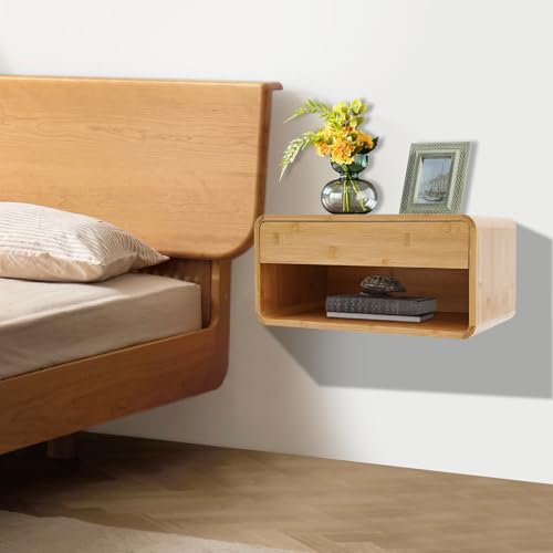 FONSOLUM Bamboo Floating Nightstand with Storage Drawer, Wall Mounted Bedside Table End Tables with Open Shelf, Bedside Cabinet Storage Organizer Case Display Box for Bedroom, Fully Assembled FONSOLUM
