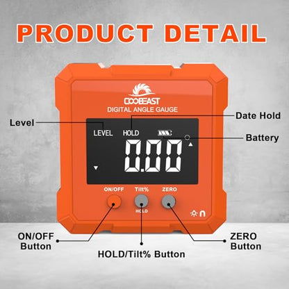 Coobeast Digital Angle Finder, Digital Level Angle Gauge with Backlight & Magnetic Base Compact Digital Protractor Angle Measuring Tool Inclinometer for Woodworking Construction Table Saw Gif - WoodArtSupply