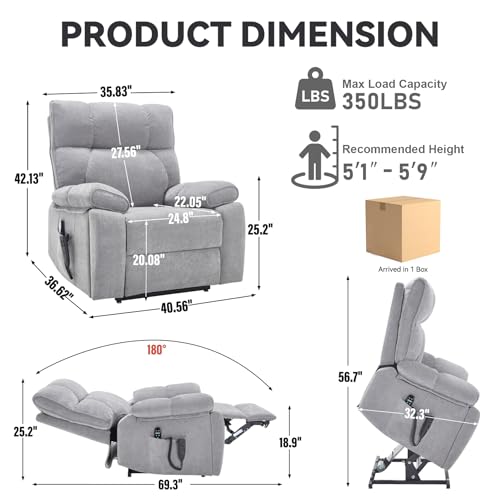 RHHVVR Oversized Power Lift Recliner Chair with Massage and Heating, 24.8" W Big Lay Flat Lift Recliner for Elderly, Medium-Firm Electric Recliners with Hidden Cup Holders,Gray RHHVVR
