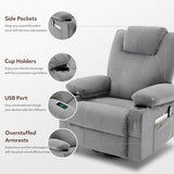 Weture Swivel Rocker Recliner Chair with Heat and Massage, Big Oversized Rocking Single Sofa for Living Room, 360 Degree Swivel Recliner Chair with Cup Holders and USB Port (Fabric, Grey) Weture