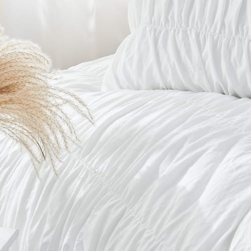 Bonlino Queen Comforter Set White Bedding - Ruched Comforter Queen Size Bed Set Boho Shabby Chic Bedding for Bedroom Comforter Fluffy 3 Piece Ruffle Comforter Set with Pillow White Soft Bonlino