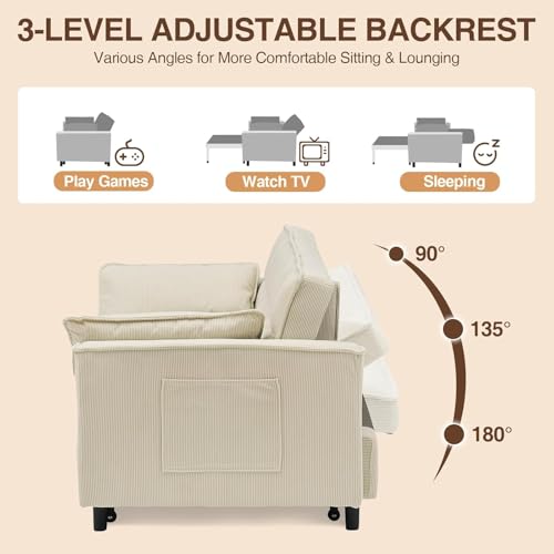 Anwick 3 in 1 Convertible Sofa Bed, Pull Out Couch Bed with Reclining Backrest and 2 Pillows, 54" Full Size Loveseat Sleeper Sofa Futon Couches Bed for Small Spaces, Living Room (Corduroy, Beige) Anwick