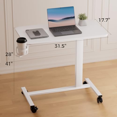 COMHOMA Adjustable Overbed Bedside Table with Lockable Wheels, Pneumatic Mobile Standing Laptop Desk, Small Standing Desk Portable Rolling Overbed Table Hospital Home Use(32" W x 18" D, White) COMHOMA