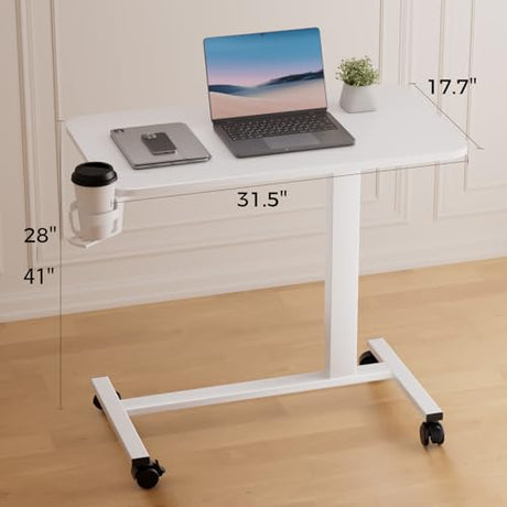 COMHOMA Adjustable Overbed Bedside Table with Lockable Wheels, Pneumatic Mobile Standing Laptop Desk, Small Standing Desk Portable Rolling Overbed Table Hospital Home Use(32" W x 18" D, White) COMHOMA