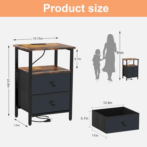 Smoproper Nightstand with Charging Station, Bedside End Table with 2 Fabric Drawers for Bedroom, Side Table with USB Ports and Outlets (Brown Black) Smoproper