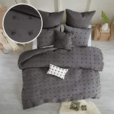 Intelligent Design Cotton Comforter Set - Jacquard Tufts Pompom Design All Season Bedding, Matching Shams, Decorative Pillows, King/California King (104 in x 92 in), Charcoal 7 Piece Intelligent Design