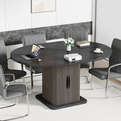 Extendable Black Round Conference Table for 4-8 People, 43in-59in Modern Oval Meeting Room Table with Storage, Fluted Wood Slide Doors, Small Compact, Office, Training, Conference Room Jluomei