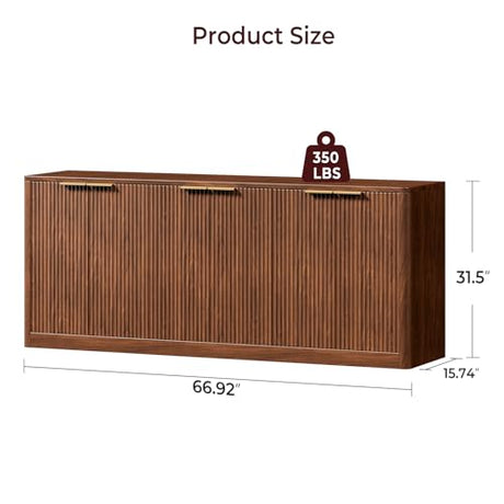 Evermagin 67" Fluted Walnut Buffet Cabinet Sideboard with Storage, Large Credenza with 6 Doors, Wood Mid Century Modern Sideboard for Kitchen and Living Room (67" W*31.5" H*15.7" D) Evermagin