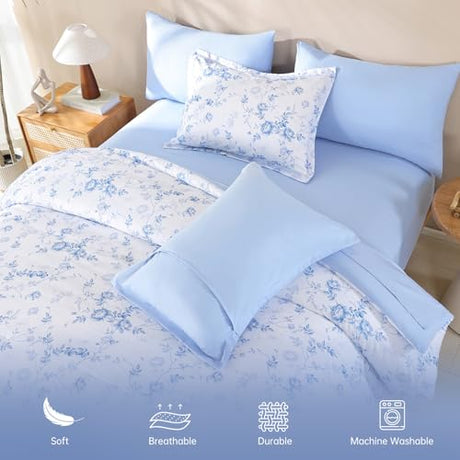 Luxudecor Floral Queen Comforter Set 7 Pieces Bed in a Bag, Blue Rose Romantic Flower Bed Set, Soft Reversible Comforter with Sheet Set 90"x90" Luxudecor