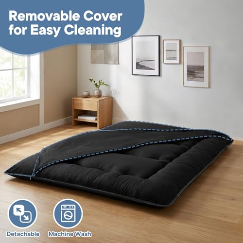 DUMOS Japanese Floor Mattress Twin Size 4-Inch, Futon Mattress Foldable with Removable Washable Cover, Portable Roll Up Tatami Mat for Kids Room, Dorm, Sleepovers and Solo Sleeper, Black DUMOS