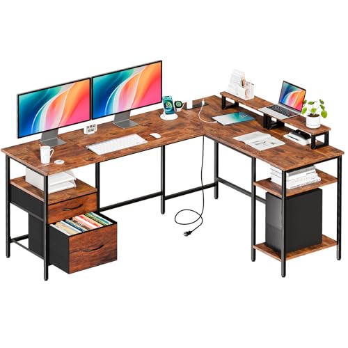 DUMOS 62 Inch L Shaped Gaming Desk with Charging Station & 2 Monitor Stands, Computer Desk with Drawer & Adjustable Storage Shelves, Large Corner Desk for Home Office, Rust Brown DUMOS
