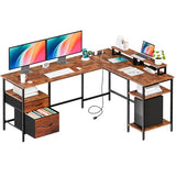 DUMOS 62 Inch L Shaped Gaming Desk with Charging Station & 2 Monitor Stands, Computer Desk with Drawer & Adjustable Storage Shelves, Large Corner Desk for Home Office, Rust Brown DUMOS