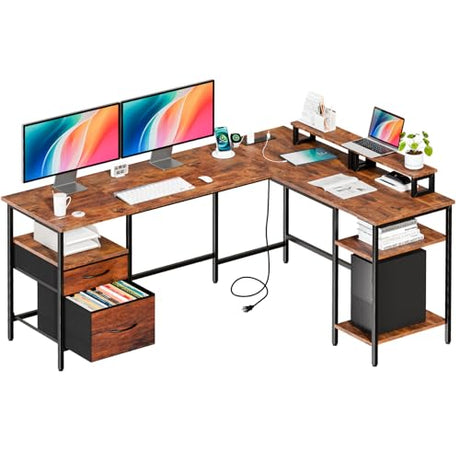 DUMOS 62 Inch L Shaped Gaming Desk with Charging Station & 2 Monitor Stands, Computer Desk with Drawer & Adjustable Storage Shelves, Large Corner Desk for Home Office, Rust Brown DUMOS