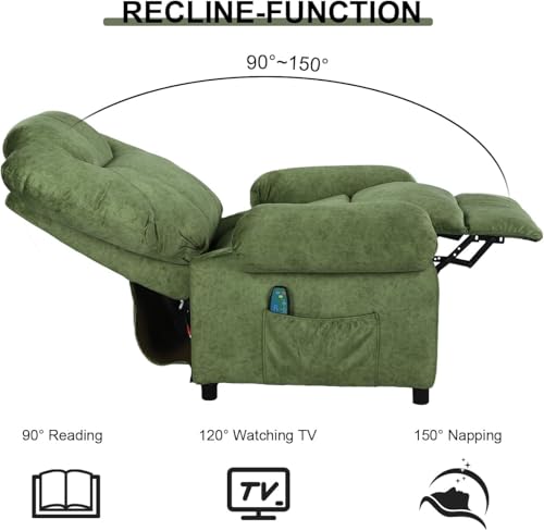 KCREAM Overstuffed Push Back Recliner Chair for Living Room, Mid Century Fabric Heated Massaging Reclining Chair Small Recliner Chair with Heat and Massage, Green