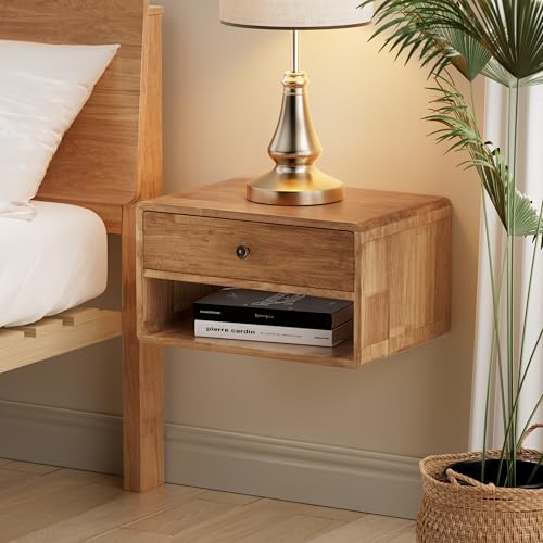 COZAYH Farmhouse Rubber Wood Floating Nightstand with Drawer and Open Shelf, Transitional Wall Mounted Side Table with Open Slot for Bedroom, Fully Assembled (Natural) COZAYH