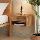 COZAYH Farmhouse Rubber Wood Floating Nightstand with Drawer and Open Shelf, Transitional Wall Mounted Side Table with Open Slot for Bedroom, Fully Assembled (Natural) COZAYH