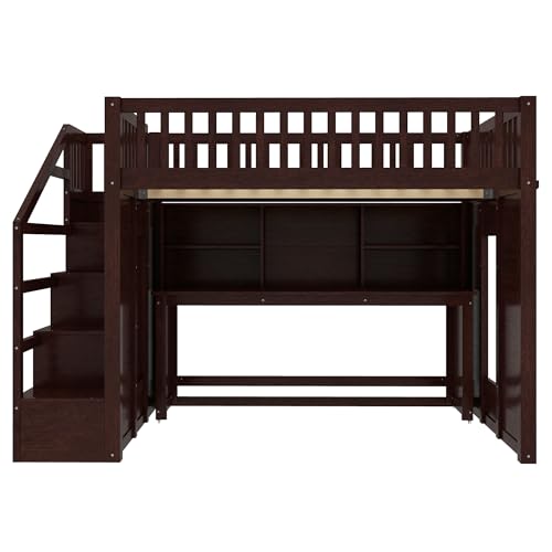 Bellemave Full Loft Bed with Stairs and Movable Desk and Shelves, Wood Loft Bed with Storage Stairs for Kids, Teens, Adults, Espresso Bellemave