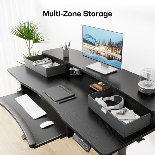 HUANUO 48" x 26" Electric Standing Desk with 2 Drawers & 26.7" Large Keyboard Tray, C-Clamp Mount Compatible, Adjustable Computer Desk for Home Office, Stand Up Desk with 4 Height Presets, Black HUANUO