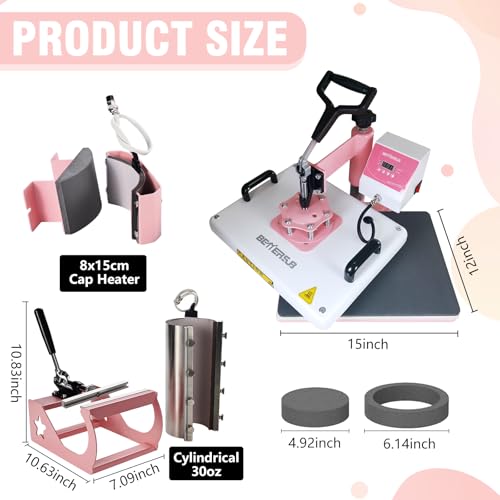 BetterSub 5 in 1 Heat Press Machine 12x15 inch, Industrial-Quality Sublimation Press with 30oz Tumbler Attachment & Curved Hat Plate, 360° Swivel Design for T-Shirts, Vinyl, DTF Film - Pink BetterSub