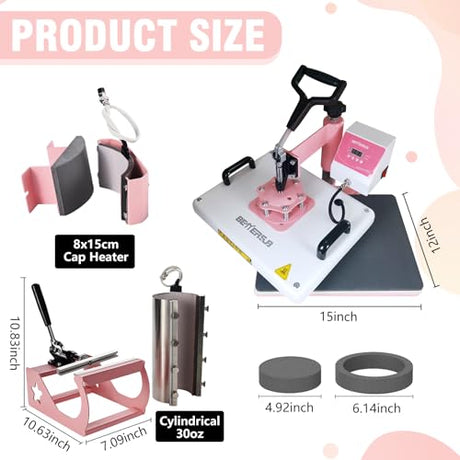 BetterSub 5 in 1 Heat Press Machine 12x15 inch, Industrial-Quality Sublimation Press with 30oz Tumbler Attachment & Curved Hat Plate, 360° Swivel Design for T-Shirts, Vinyl, DTF Film - Pink BetterSub
