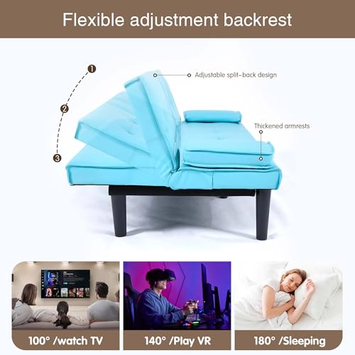 ODOLAR 67" Futon Sofa Bed,Convertible Sofa Bed with 2 Cup Holders,Sleeper Couch PVC Leather Removable Soft Armrest Small Couch for Living Room Apartments ﻿ (Blue) ODOLAR