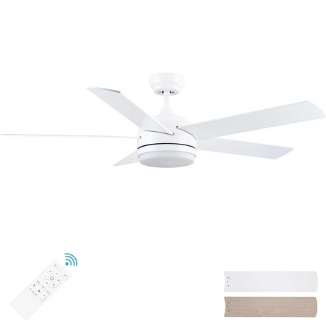 YUHAO 52 inch White Ceiling Fan with Lights and Remote Control,Dimmable 3 Color temperatures LED,6 Speed Reversible DC Motor,5 Blades Modern Ceiling Fan for Indoor or Covered Outdoor YUHAO