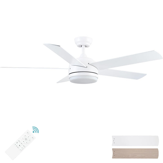 YUHAO 52 inch White Ceiling Fan with Lights and Remote Control,Dimmable 3 Color temperatures LED,6 Speed Reversible DC Motor,5 Blades Modern Ceiling Fan for Indoor or Covered Outdoor